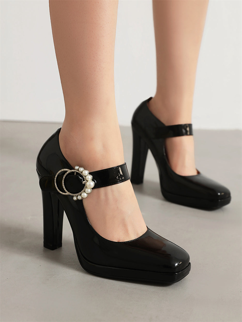 Black Pearl Buckle Chunky Heel Square Toe Mary Jane Pumps