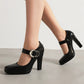 Black Pearl Buckle Chunky Heel Square Toe Mary Jane Pumps