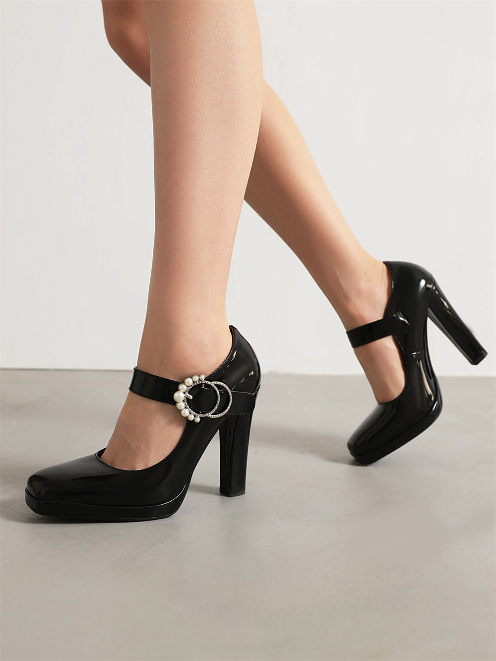 Black Pearl Buckle Chunky Heel Square Toe Mary Jane Pumps