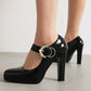 Black Pearl Buckle Chunky Heel Square Toe Mary Jane Pumps