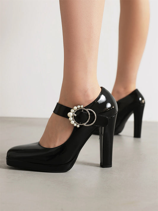 Black Pearl Buckle Chunky Heel Square Toe Mary Jane Pumps