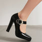 Black Pearl Buckle Chunky Heel Square Toe Mary Jane Pumps