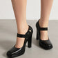 Black Pearl Buckle Chunky Heel Square Toe Mary Jane Pumps