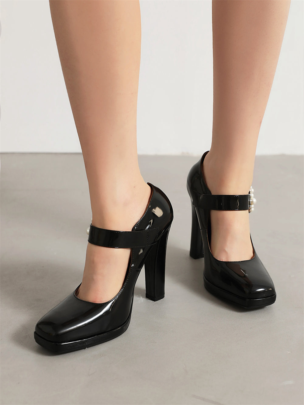 Black Pearl Buckle Chunky Heel Square Toe Mary Jane Pumps