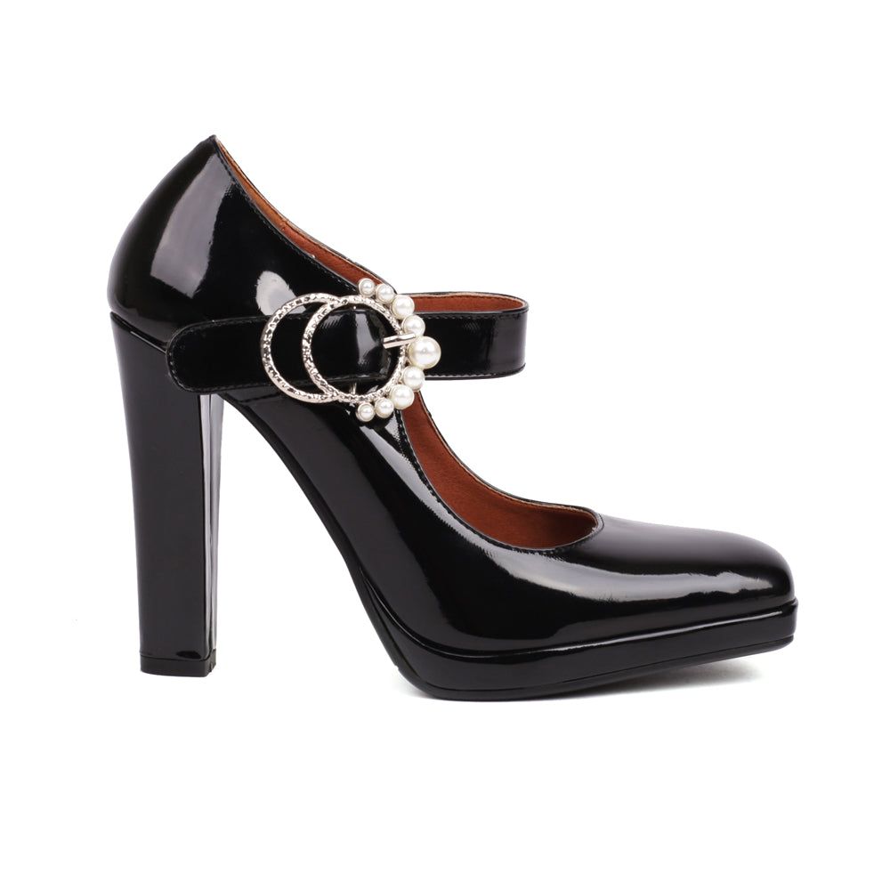 Black Pearl Buckle Chunky Heel Square Toe Mary Jane Pumps