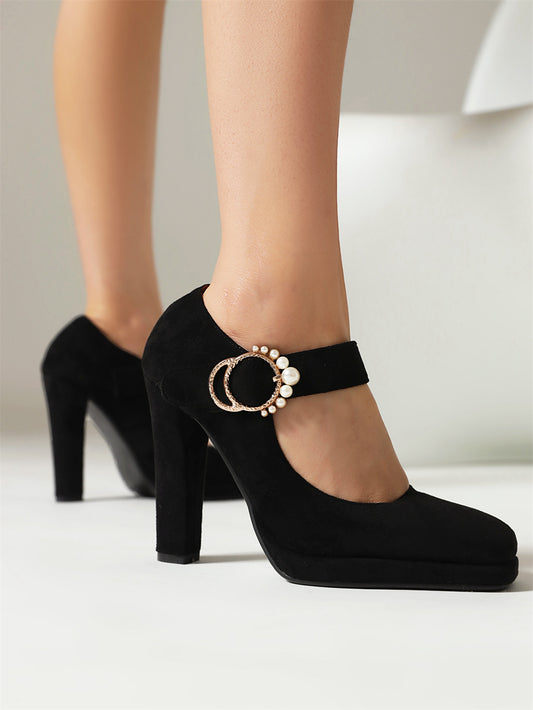 Black Pearl Buckle Suede Chunky Heel Square Toe Mary Jane Pumps