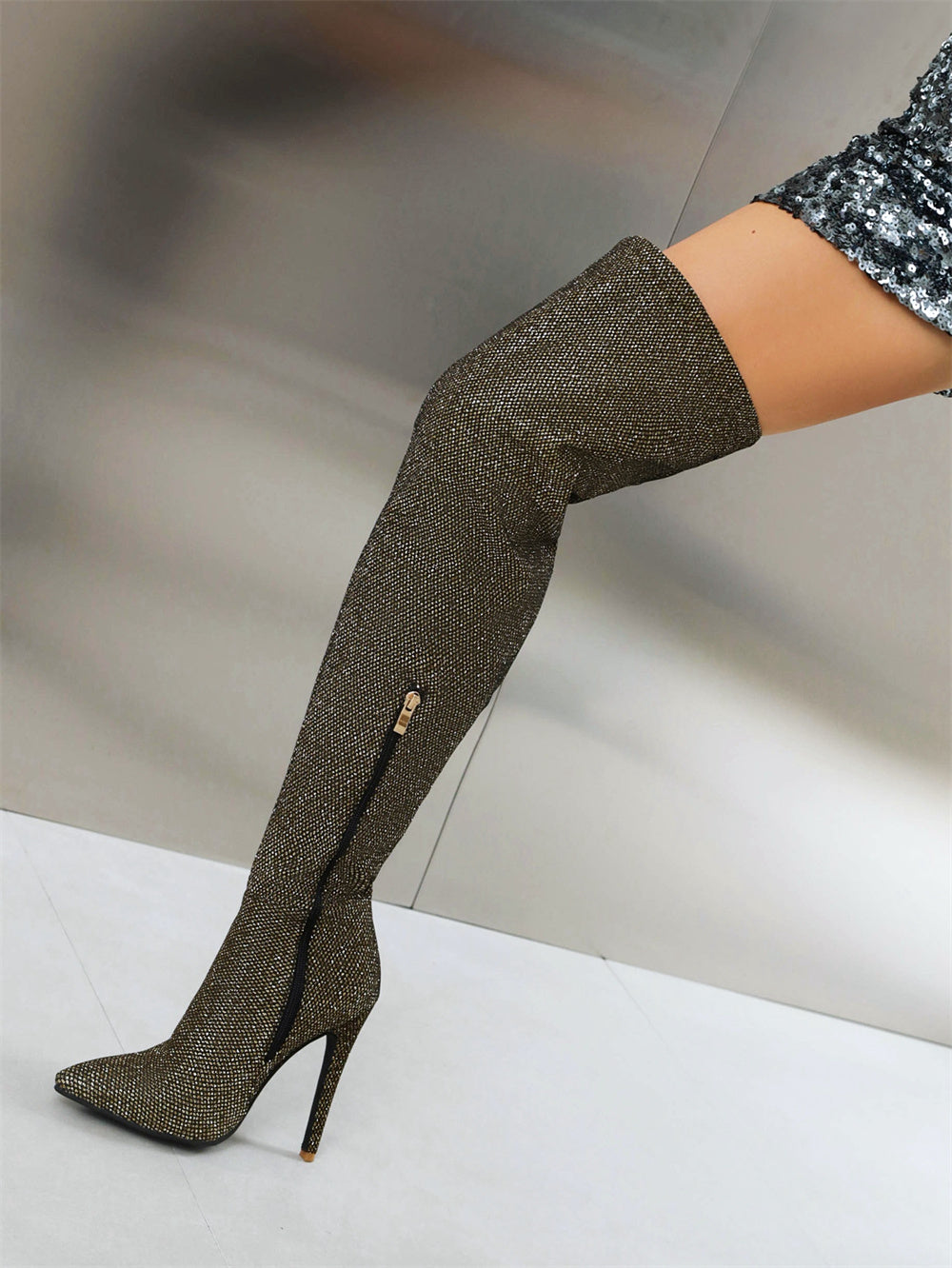 Gray Pointed Toe Stiletto Heel Fashion Thigh High Boots