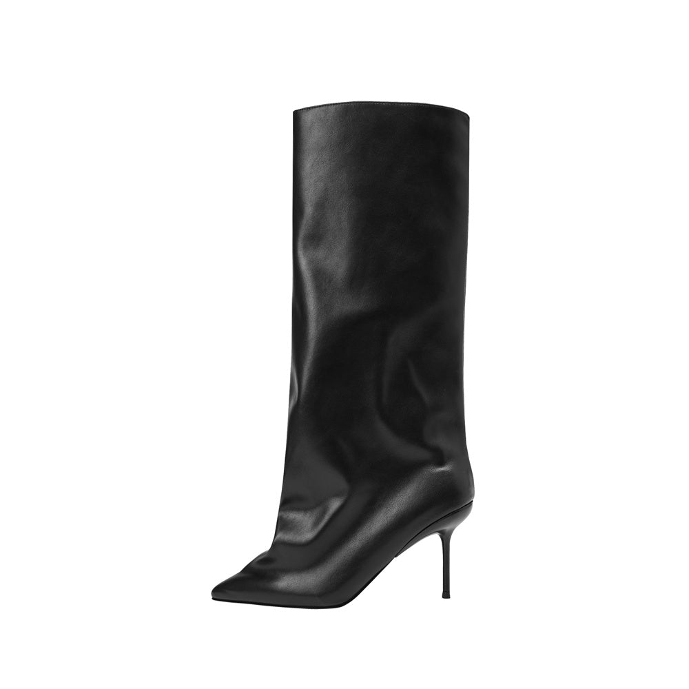 Black Pointed Toe Stiletto Heel Knee High Boots Popular Long Boots