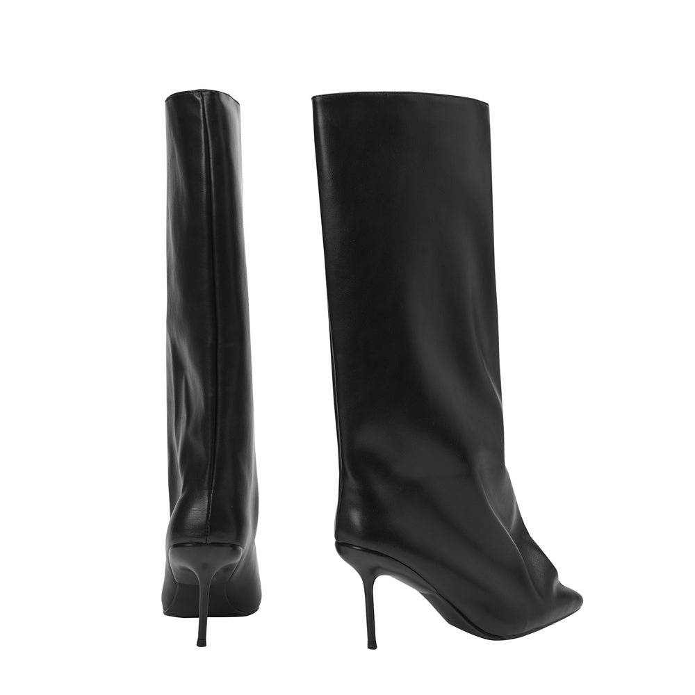 Black Pointed Toe Stiletto Heel Knee High Boots Popular Long Boots