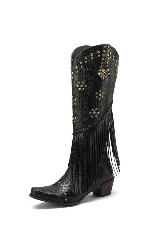 Black Python Printed Fringe and Stud Women's Cowboy Western Booties