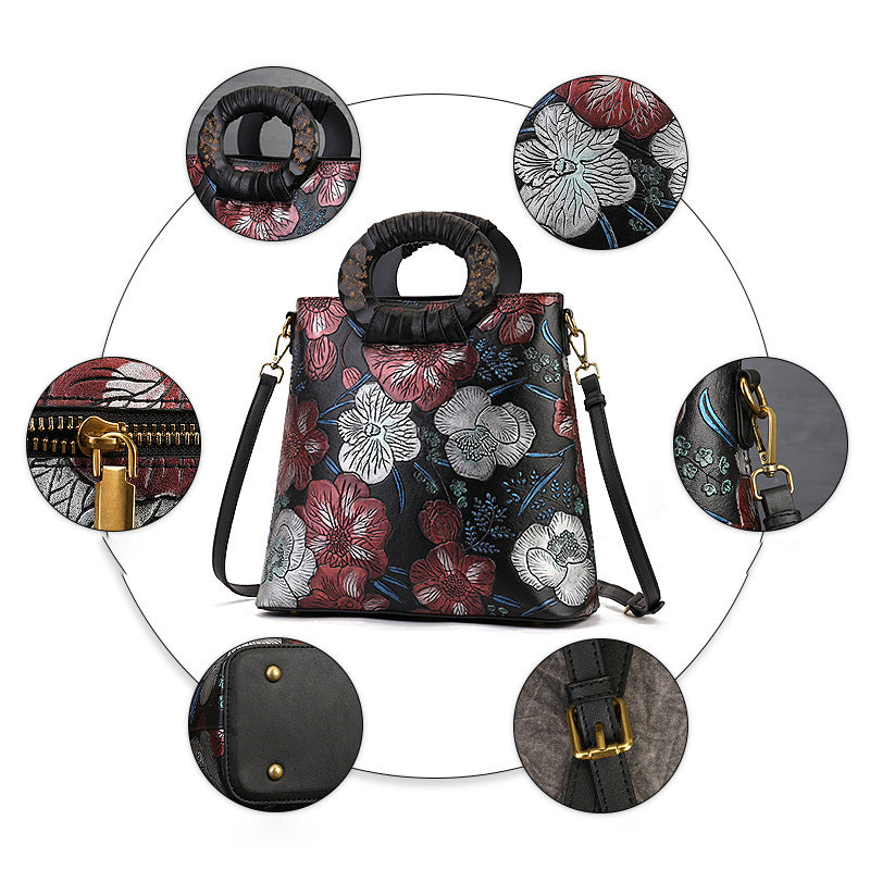 <tc>Black and Red Retro Flowers Embossed Leather Tote Bags</tc>