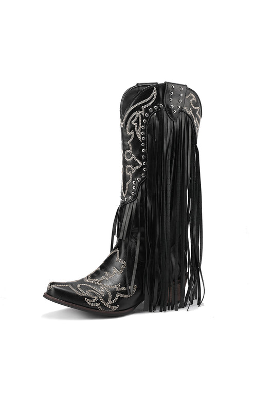 Black Retro Fringe and Stud Women's Cowboy Boots Block Heel Western Booties