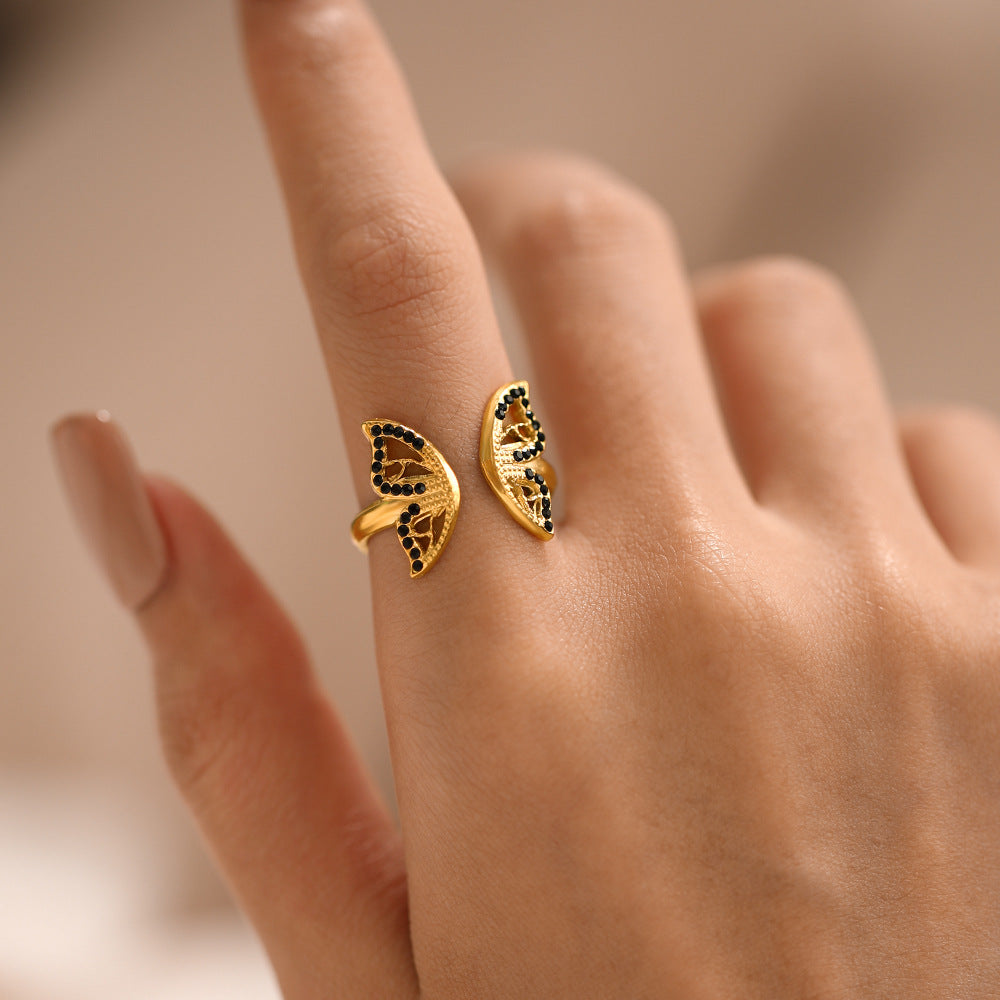 Black Rhinestone Golden Butterfly Ring