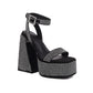 Black Rhinestone Platform Block Heel Ankle Strap Sandals