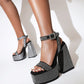 Black Rhinestone Platform Block Heel Ankle Strap Sandals