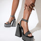 Black Rhinestone Platform Block Heel Ankle Strap Sandals