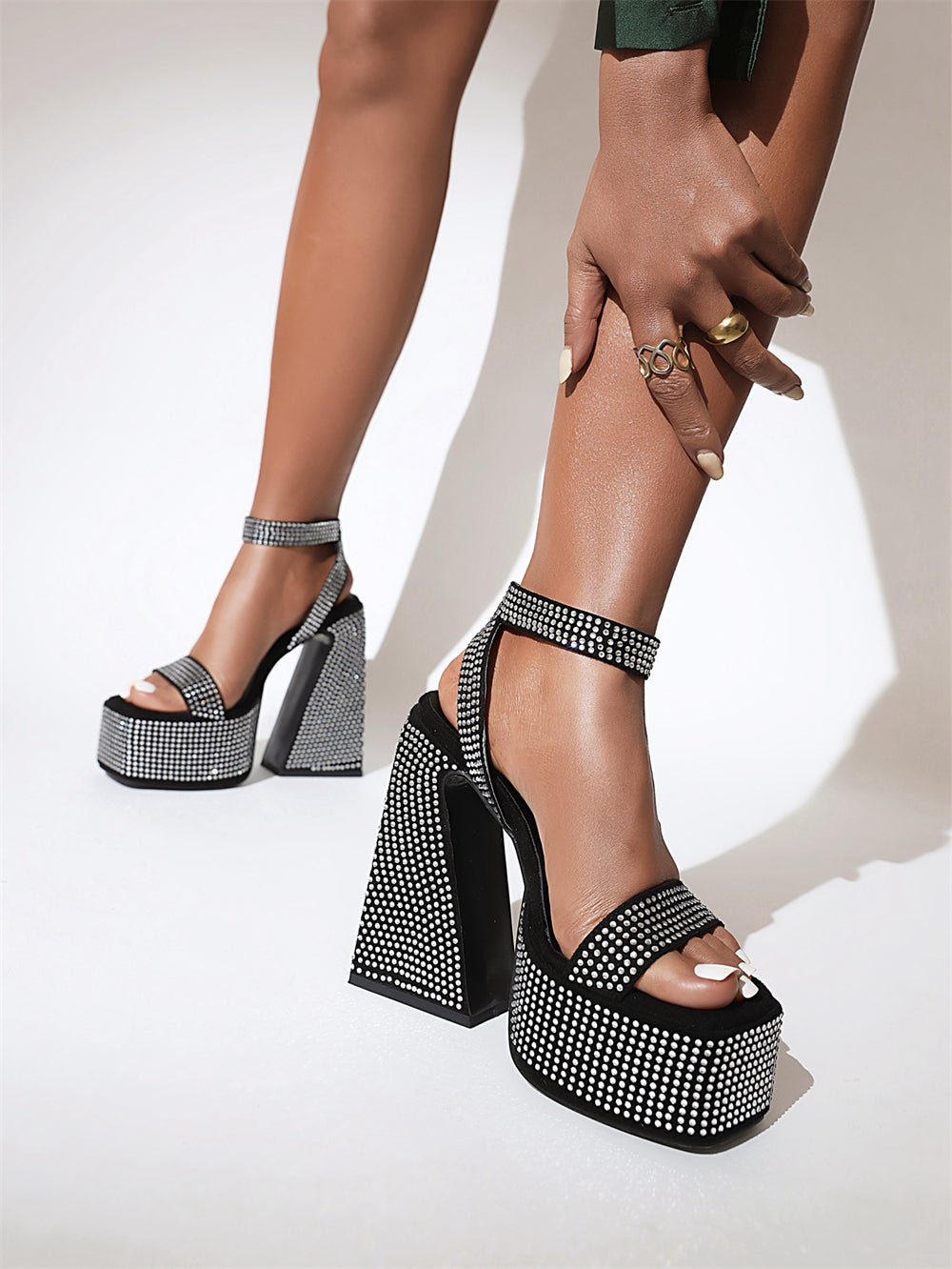 Black Rhinestone Platform Block Heel Ankle Strap Sandals