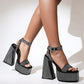 Black Rhinestone Platform Block Heel Ankle Strap Sandals