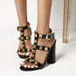 Black Rivet Chunky Heel T-Strap Sandals