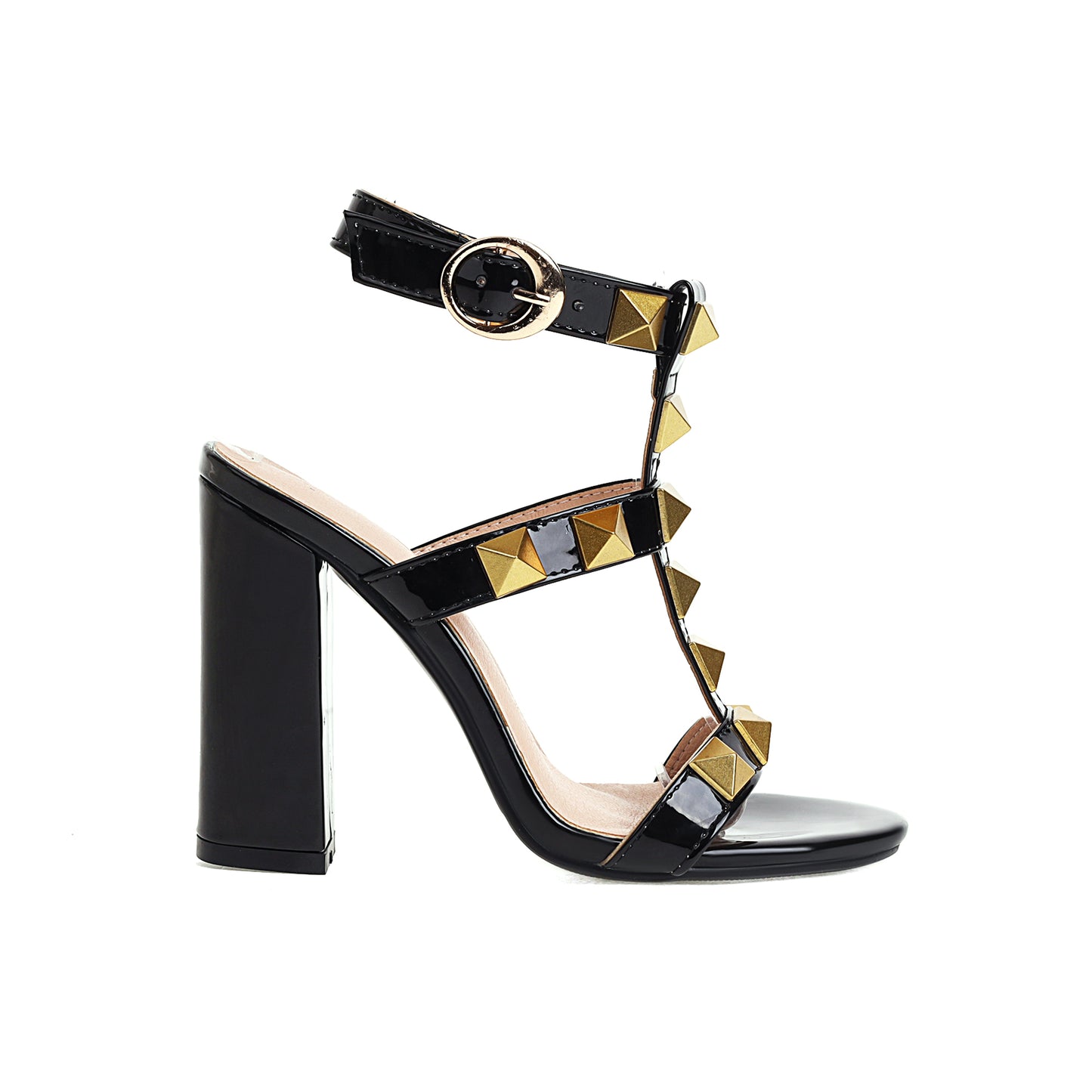 Black Rivet Chunky Heel T-Strap Sandals