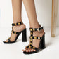 Black Rivet Chunky Heel T-Strap Sandals