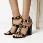 Black Rivet Chunky Heel T-Strap Sandals