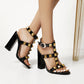 Black Rivet Chunky Heel T-Strap Sandals