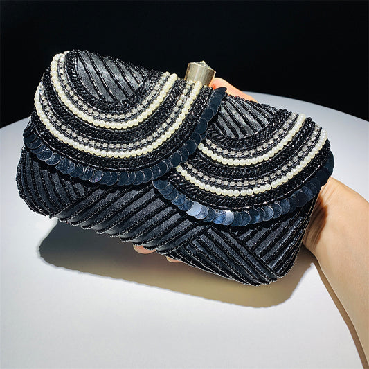 Black Sequence Embroidery Beaded Party Bag Clutch Handbag