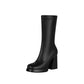 Black Square Toe Fex Leather Platform Chunky Heel Shot Boots