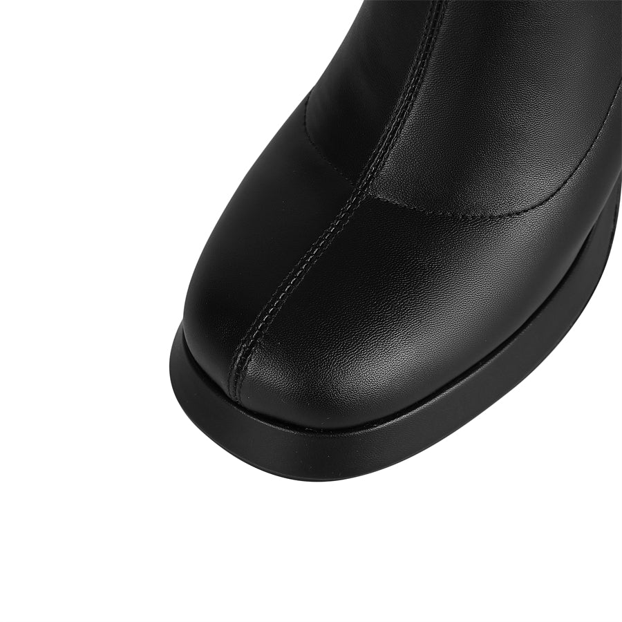 Black Square Toe Fex Leather Platform Chunky Heel Shot Boots