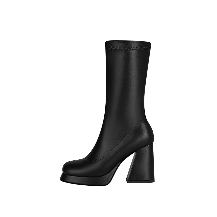 Black Square Toe Fex Leather Platform Chunky Heel Shot Boots