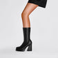 Black Square Toe Fex Leather Platform Chunky Heel Shot Boots