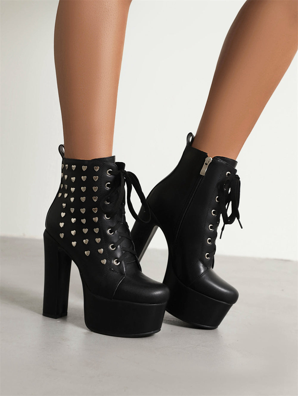 Black Vegan Leather Chunky Heel Heart Shape Lace-Up Platform Ankle Booties