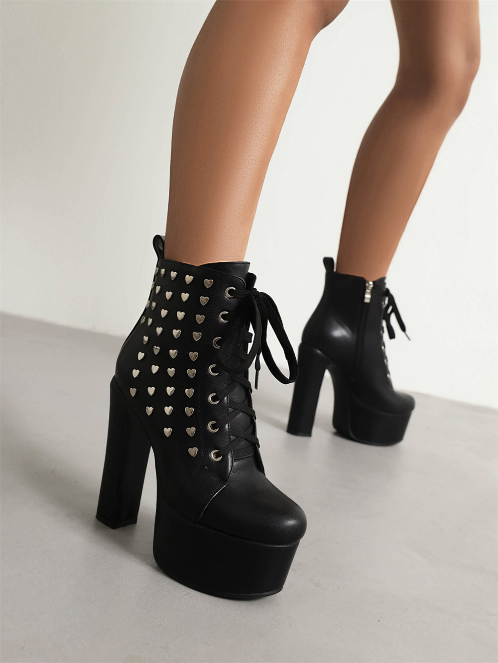 Black Vegan Leather Chunky Heel Heart Shape Lace-Up Platform Ankle Booties