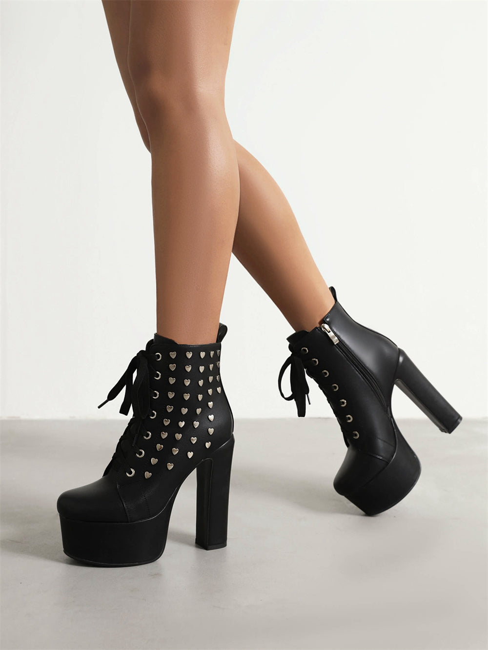 Black Vegan Leather Chunky Heel Heart Shape Lace-Up Platform Ankle Booties