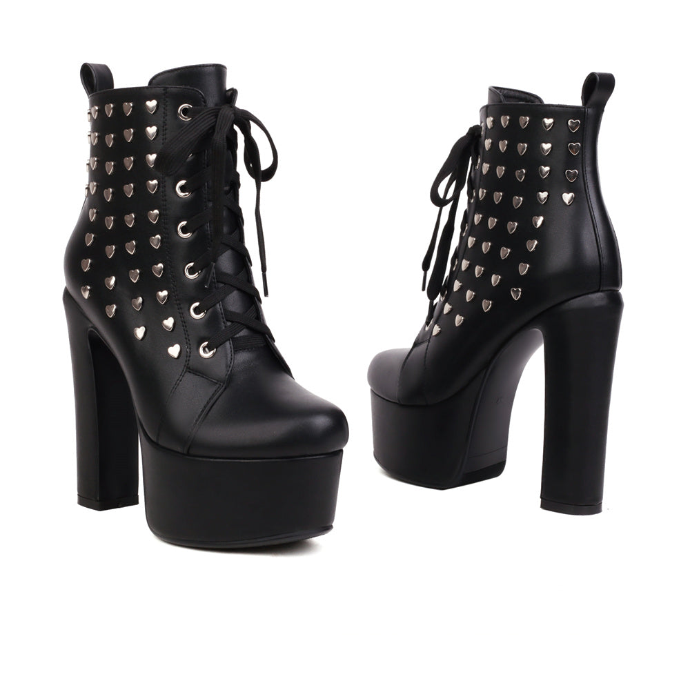 Black Vegan Leather Chunky Heel Heart Shape Lace-Up Platform Ankle Booties