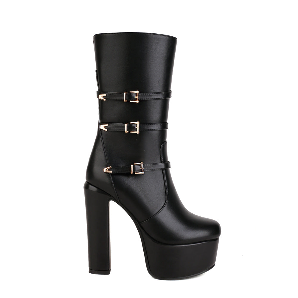 Black Vegan Leather Platform Heel Buckled Ankle Booties