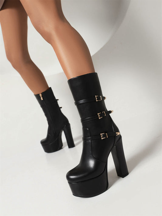 Black Vegan Leather Platform Heel Buckled Ankle Booties