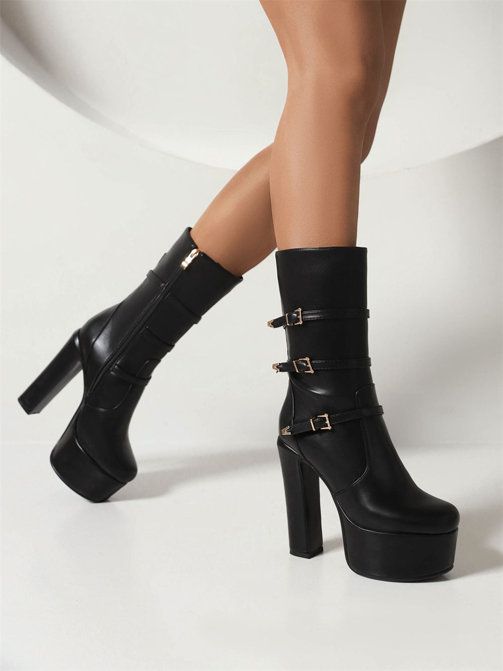 Black Vegan Leather Platform Heel Buckled Ankle Booties