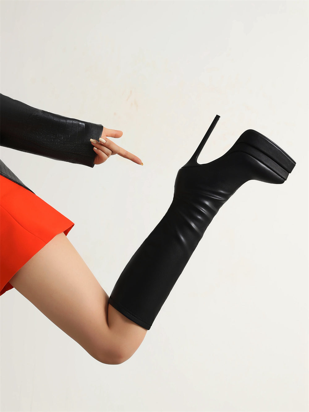 Black Vegan Leather Pointed Toe Stiletto Heel Platform Knee-High Boots