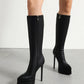 Black Vegan Leather Pointed Toe Stiletto Heel Platform Knee-High Boots