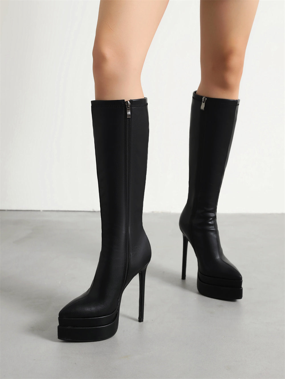 Black Vegan Leather Pointed Toe Stiletto Heel Platform Knee-High Boots