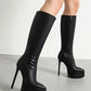 Black Vegan Leather Pointed Toe Stiletto Heel Platform Knee-High Boots