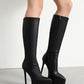 Black Vegan Leather Pointed Toe Stiletto Heel Platform Knee-High Boots