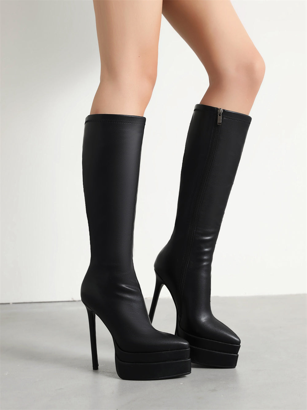 Black Vegan Leather Pointed Toe Stiletto Heel Platform Knee-High Boots