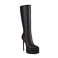 Black Vegan Leather Pointed Toe Stiletto Heel Platform Knee-High Boots