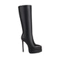 Black Vegan Leather Pointed Toe Stiletto Heel Platform Knee-High Boots