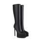 Black Vegan Leather Pointed Toe Stiletto Heel Platform Knee-High Boots