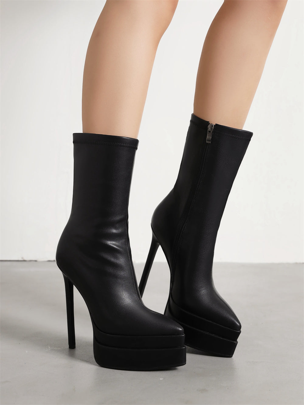 Black Vegan Leather Pointed Toe Stiletto Platform Heel Ankle Booties