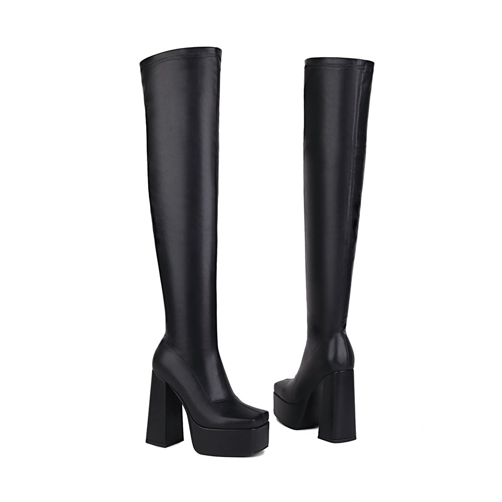 Black Vegan Leather Square Toe Chunky Heel Long Thigh High Boots